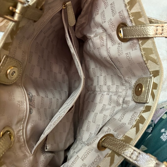 Michael Kors MK Signature Monogram Canvas Leather Trim Tote Bag Gold - Picture 5 of 8